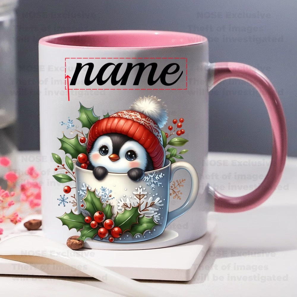 Personalized "Baby Penguin in Snowflake Mug" Ceramic Coffee Mug – Custom Name Cute Winter Holiday Animal & Christmas Novelty Cup (M1150)
