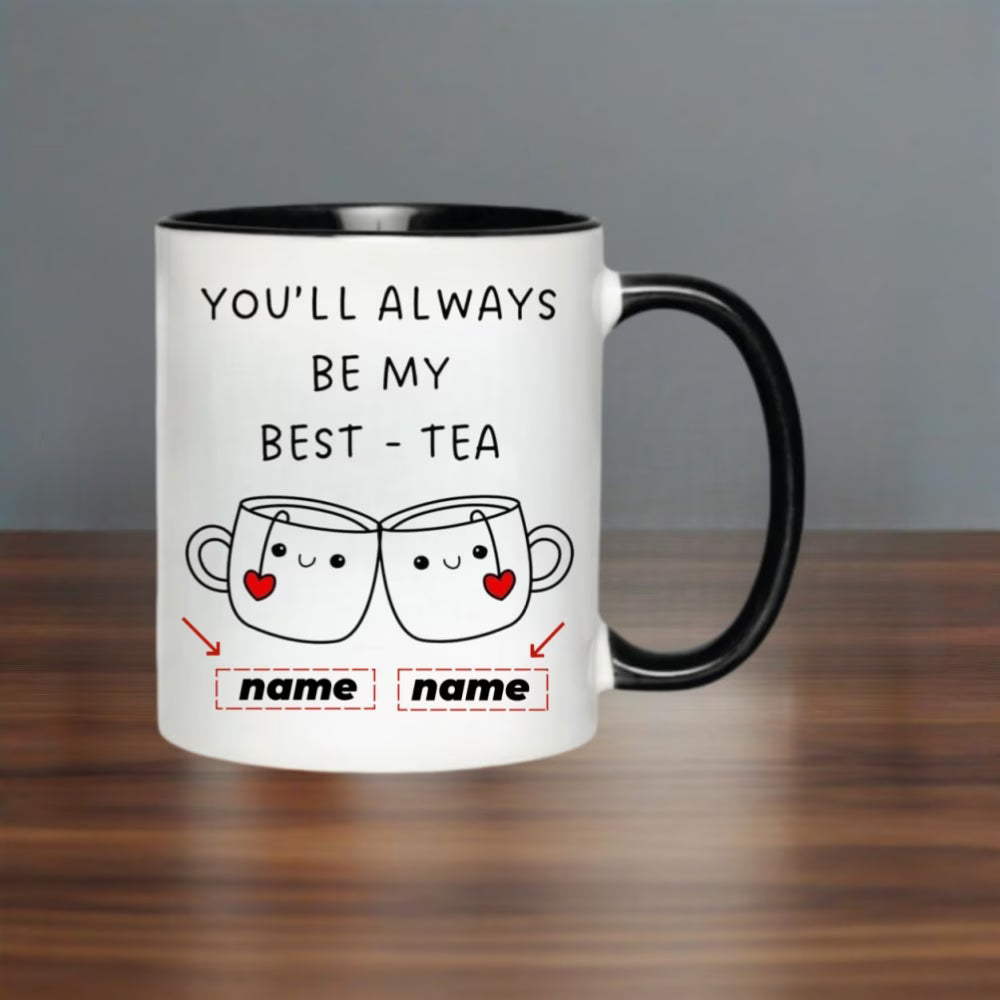 Personalized "Best-Tea" Dual Name Ceramic Coffee Mug – Cute Pun Quote, Clinking Teacups, Best Friend & Couple Novelty Cup (M1197)