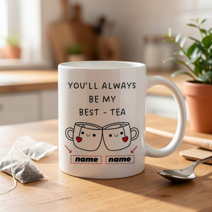 Personalized "Best-Tea" Dual Name Ceramic Coffee Mug – Cute Pun Quote, Clinking Teacups, Best Friend & Couple Novelty Cup (M1197)