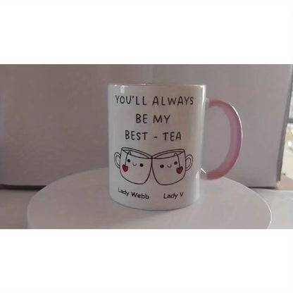 Personalized "Best-Tea" Dual Name Ceramic Coffee Mug – Cute Pun Quote, Clinking Teacups, Best Friend & Couple Novelty Cup (M1197)