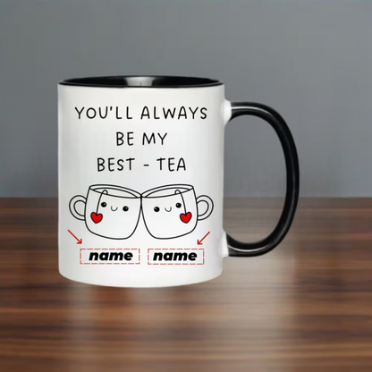 Personalized "Best-Tea" Dual Name Ceramic Coffee Mug – Cute Pun Quote, Clinking Teacups, Best Friend & Couple Novelty Cup (M1197)