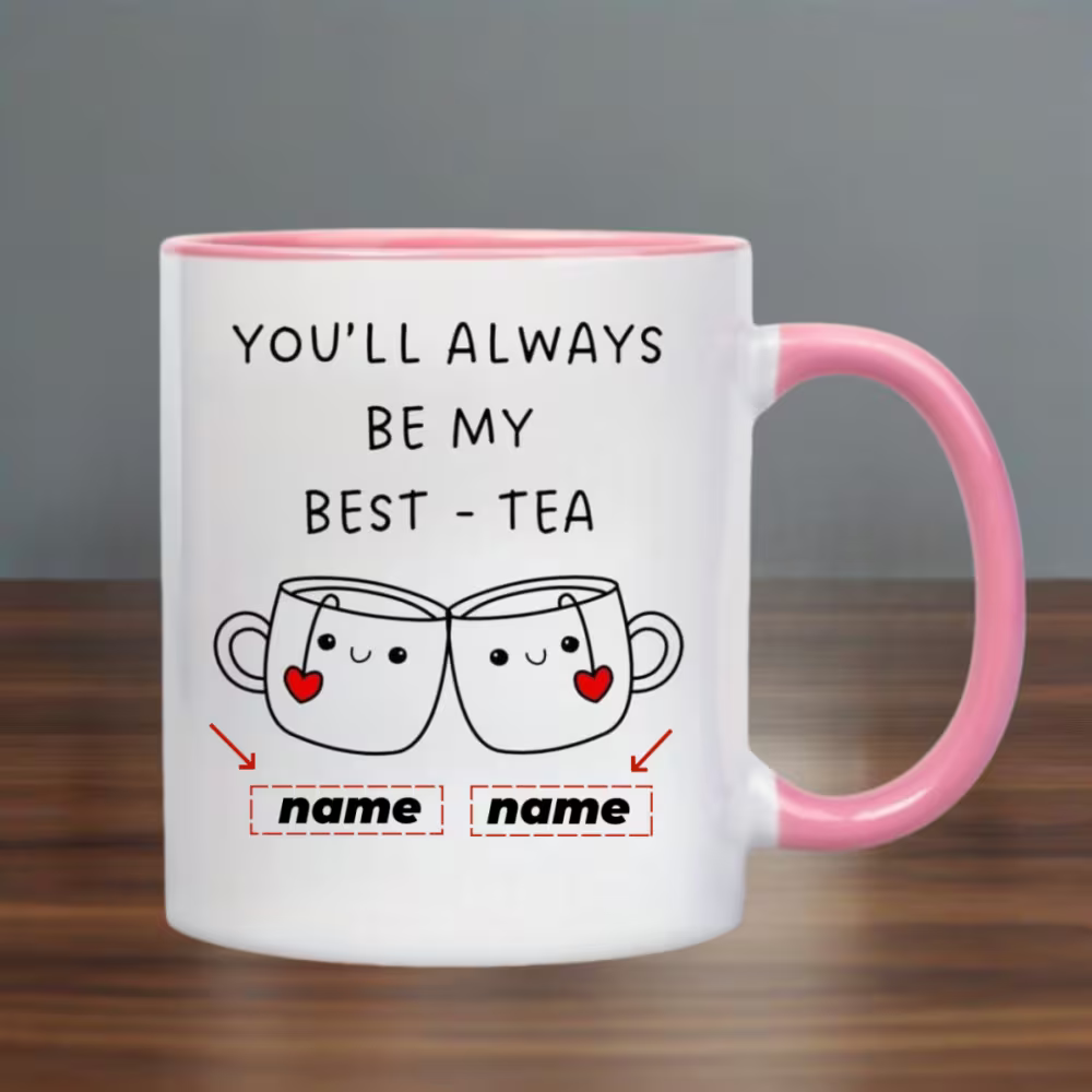 Personalized "Best-Tea" Dual Name Ceramic Coffee Mug – Cute Pun Quote, Clinking Teacups, Best Friend & Couple Novelty Cup (M1197)