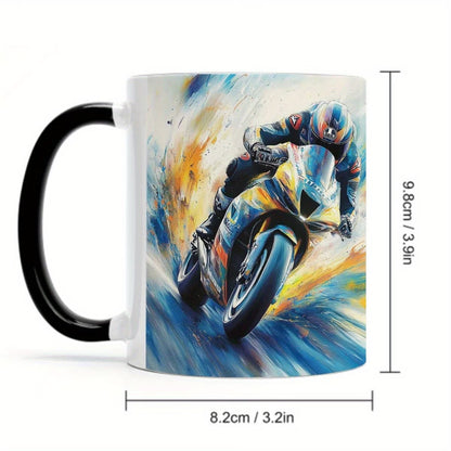 Dynamic Motorcycle Racer Art Ceramic Coffee Mug – Racing Bike Novelty Cup with Black Rim & Handle(M1089)