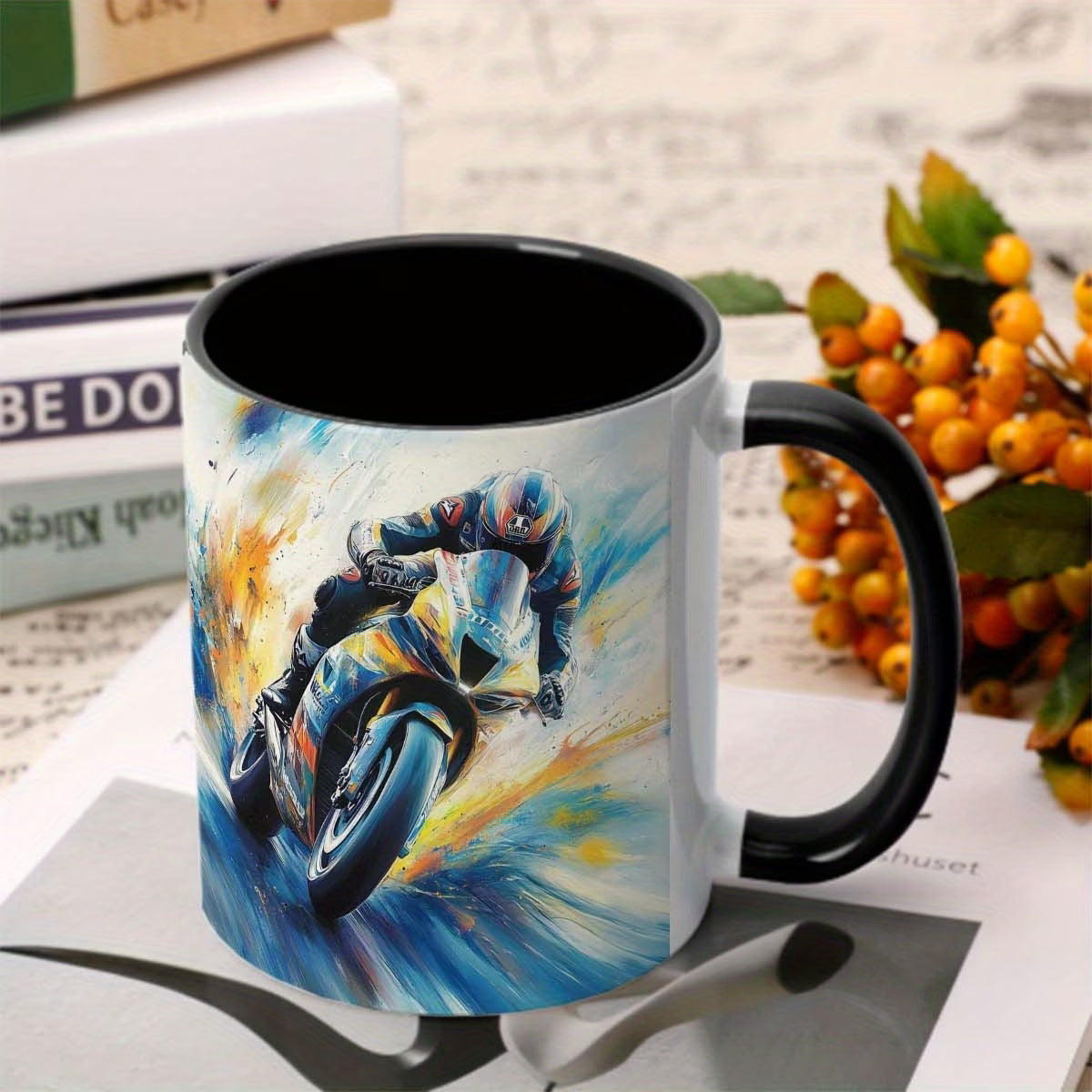 Dynamic Motorcycle Racer Art Ceramic Coffee Mug – Racing Bike Novelty Cup with Black Rim & Handle(M1089)