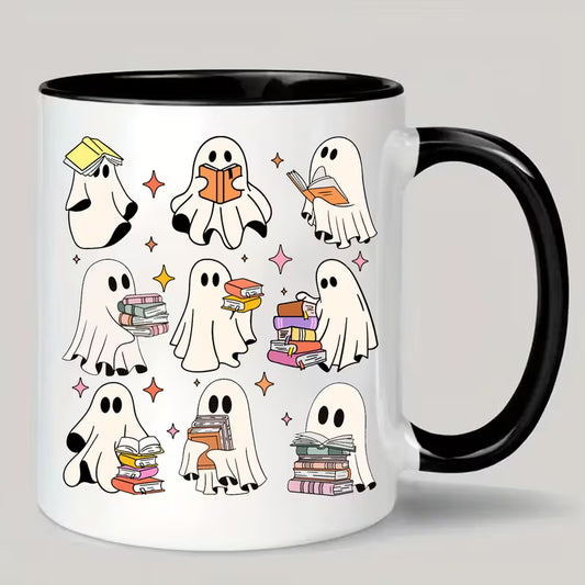 Bookish Ghost Reading Pattern Ceramic Coffee Mug – Black Rim & Handle Cute Spooky Reader Gift (M1025)