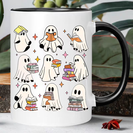 Bookish Ghost Reading Pattern Ceramic Coffee Mug – Black Rim & Handle Cute Spooky Reader Gift (M1025)