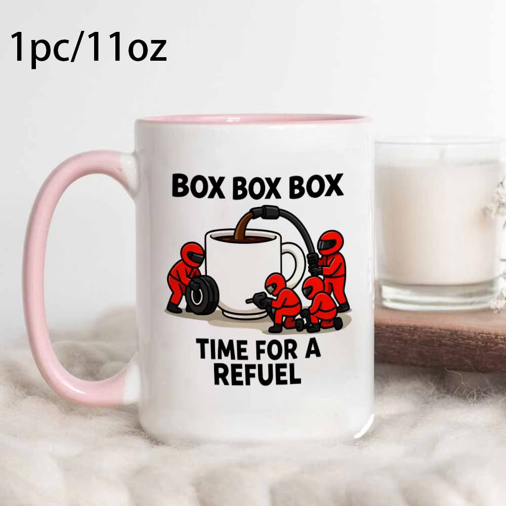 Funny "Box Box Box Time For A Refuel" F1 Pit Crew Ceramic Coffee Mug – Formula 1 Racing & Coffee Lover Novelty Cup with Black Accent (M1107)