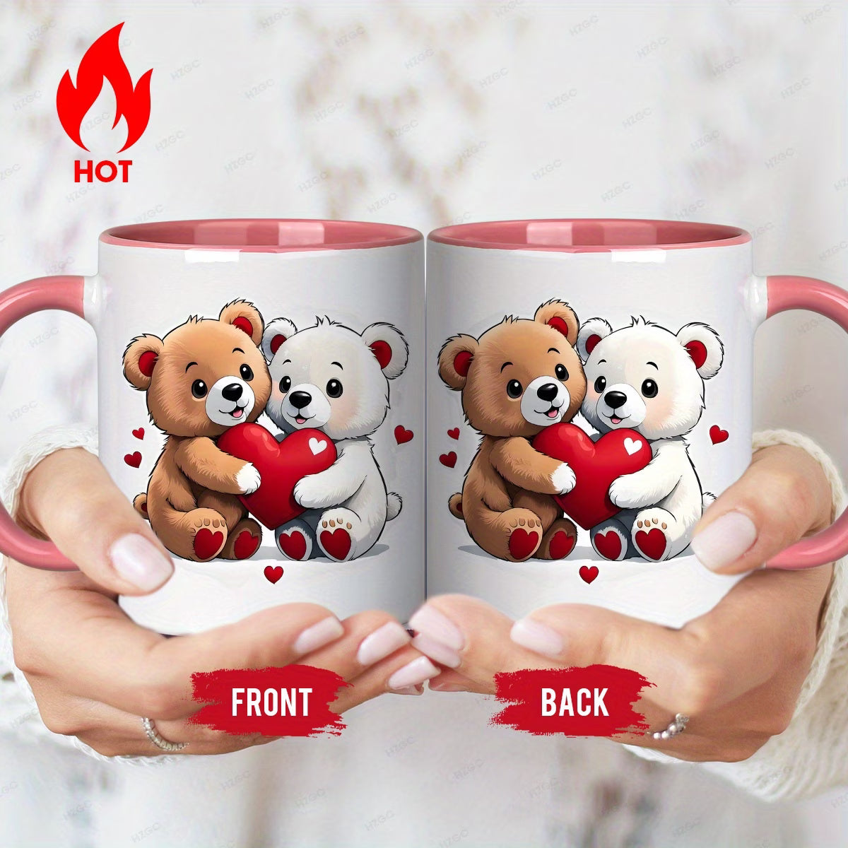 Cute "Two Bears Holding Heart" Ceramic Coffee Mug – Romantic Couple & Valentine's Day Novelty Cup with Pink Accent (M1127)