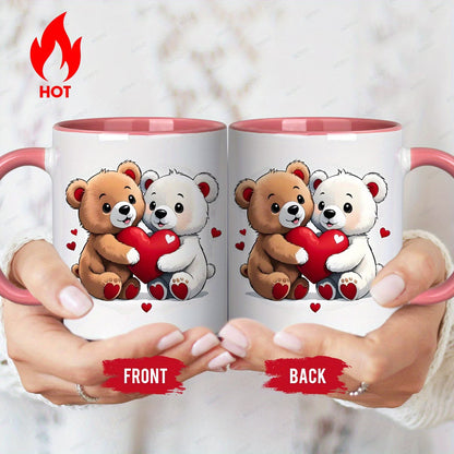 Cute "Two Bears Holding Heart" Ceramic Coffee Mug – Romantic Couple & Valentine's Day Novelty Cup with Pink Accent (M1127)
