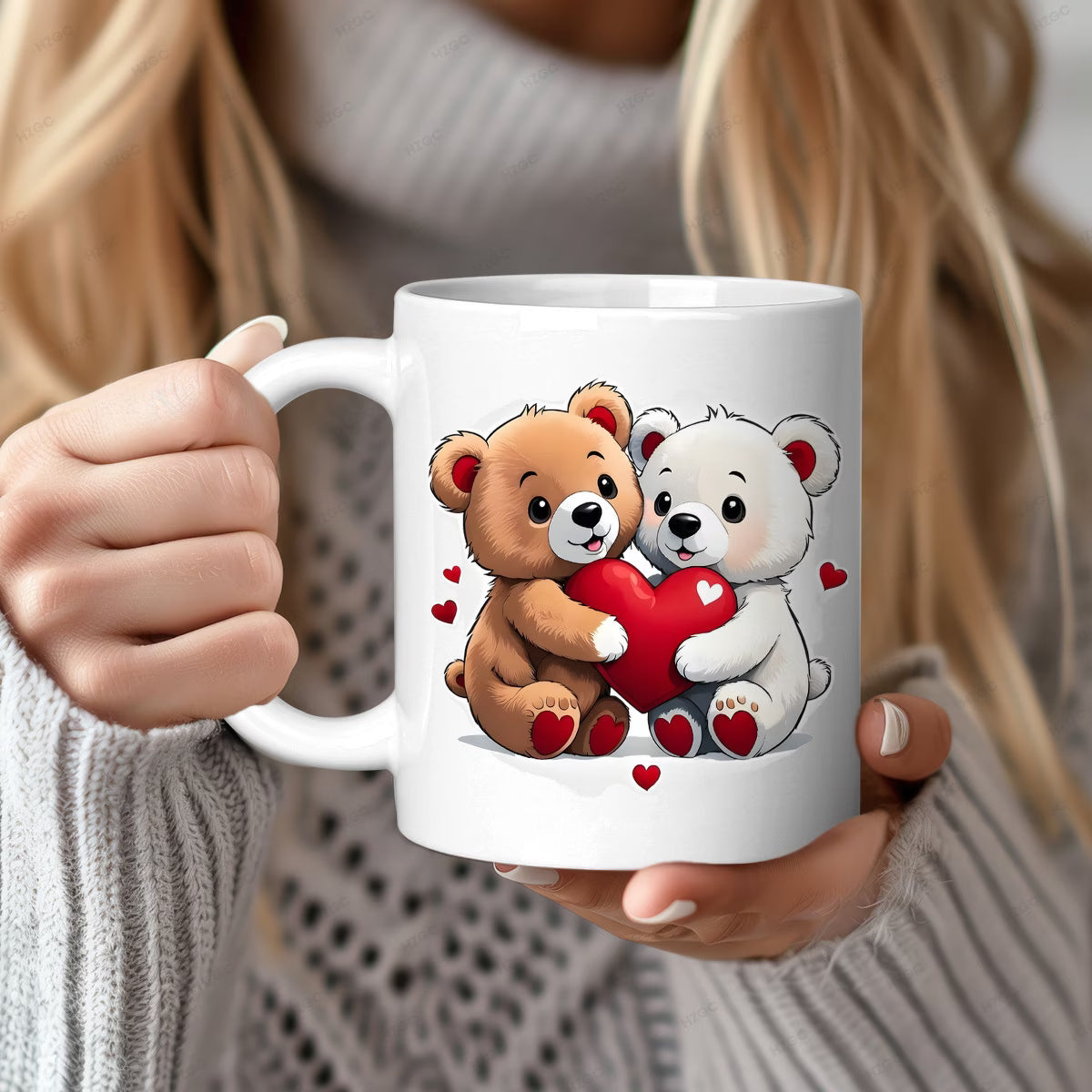 Cute "Two Bears Holding Heart" Ceramic Coffee Mug – Romantic Couple & Valentine's Day Novelty Cup with Pink Accent (M1127)