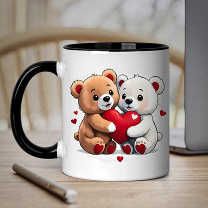 Cute "Two Bears Holding Heart" Ceramic Coffee Mug – Romantic Couple & Valentine's Day Novelty Cup with Pink Accent (M1127)