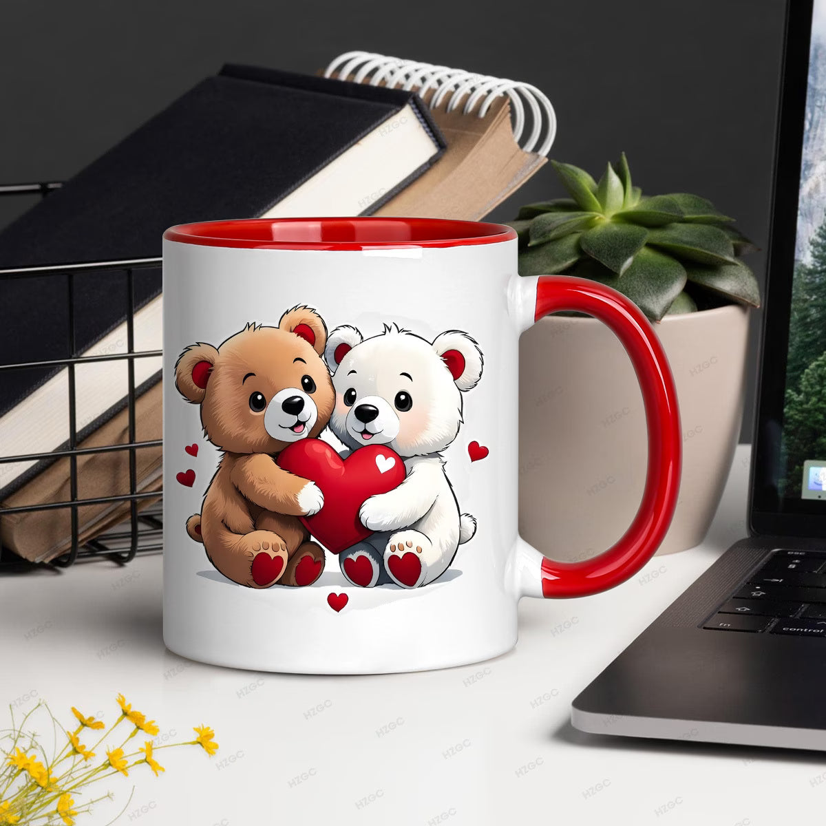 Cute "Two Bears Holding Heart" Ceramic Coffee Mug – Romantic Couple & Valentine's Day Novelty Cup with Pink Accent (M1127)