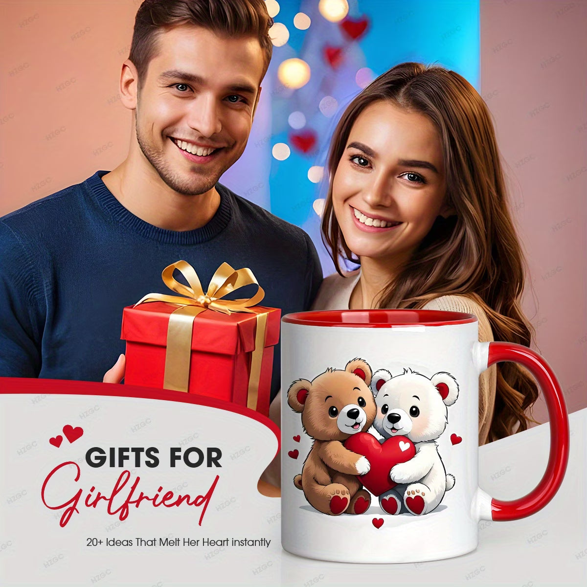 Cute "Two Bears Holding Heart" Ceramic Coffee Mug – Romantic Couple & Valentine's Day Novelty Cup with Pink Accent (M1127)