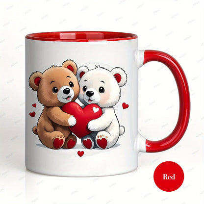 Cute "Two Bears Holding Heart" Ceramic Coffee Mug – Romantic Couple & Valentine's Day Novelty Cup with Pink Accent (M1127)