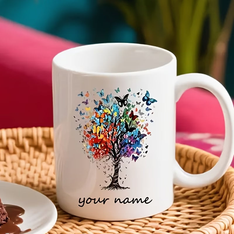 Personalized "Butterfly Tree of Life" Ceramic Coffee Mug – Custom Name Colorful Butterflies, Nature Inspired & Artistic Novelty Cup (M1191)