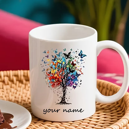 Personalized "Butterfly Tree of Life" Ceramic Coffee Mug – Custom Name Colorful Butterflies, Nature Inspired & Artistic Novelty Cup (M1191)