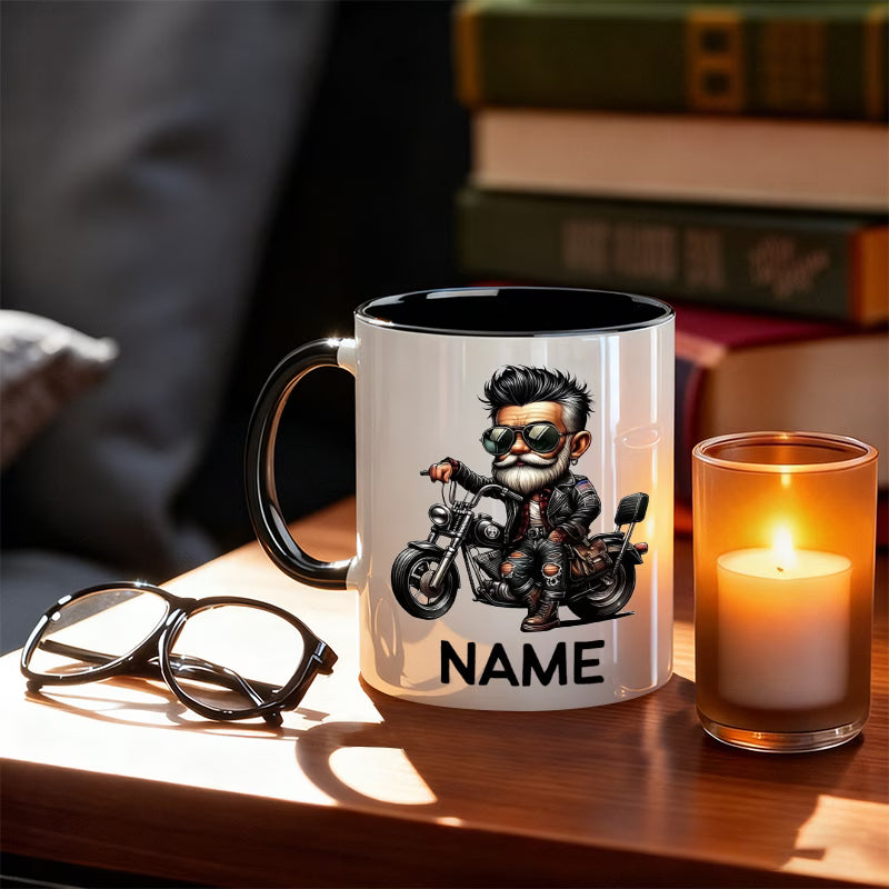 Personalized "Cool Biker Guy" Cartoon Motorcycle Ceramic Coffee Mug – Custom Name Biker Novelty Cup with Red Accent (M1092)