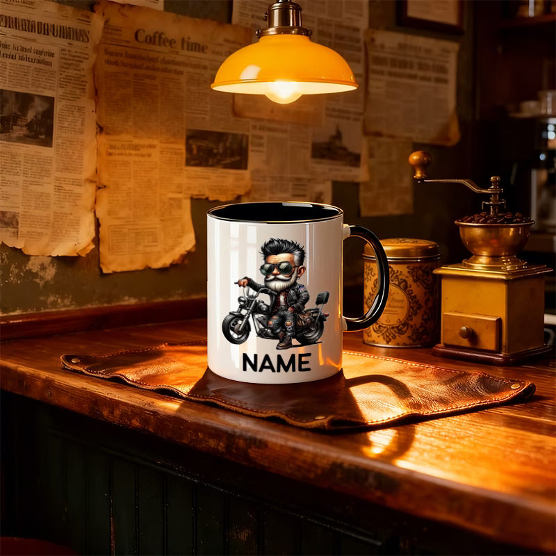 Personalized "Cool Biker Guy" Cartoon Motorcycle Ceramic Coffee Mug – Custom Name Biker Novelty Cup with Red Accent (M1092)