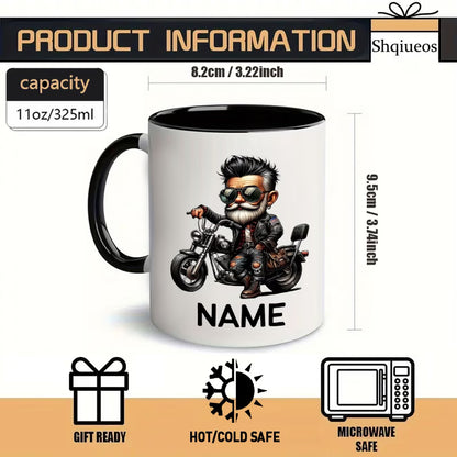 Personalized "Cool Biker Guy" Cartoon Motorcycle Ceramic Coffee Mug – Custom Name Biker Novelty Cup with Red Accent (M1092)
