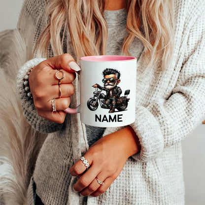 Personalized "Cool Biker Guy" Cartoon Motorcycle Ceramic Coffee Mug – Custom Name Biker Novelty Cup with Red Accent (M1092)