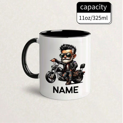 Personalized "Cool Biker Guy" Cartoon Motorcycle Ceramic Coffee Mug – Custom Name Biker Novelty Cup with Red Accent (M1092)