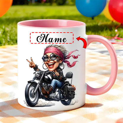 Fun "Cool Lady Biker" Cartoon Motorcycle Ceramic Coffee Mug – Female Biker & Rider Novelty Cup (M1093)