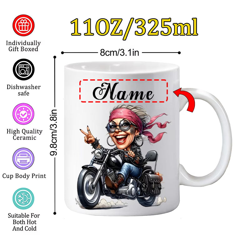 Fun "Cool Lady Biker" Cartoon Motorcycle Ceramic Coffee Mug – Female Biker & Rider Novelty Cup (M1093)