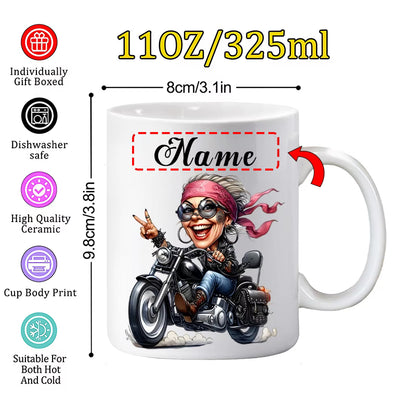 Fun "Cool Lady Biker" Cartoon Motorcycle Ceramic Coffee Mug – Female Biker & Rider Novelty Cup (M1093)