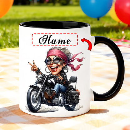 Fun "Cool Lady Biker" Cartoon Motorcycle Ceramic Coffee Mug – Female Biker & Rider Novelty Cup (M1093)