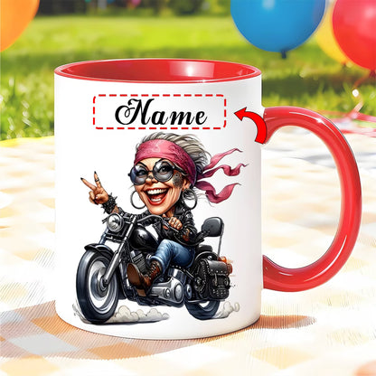 Fun "Cool Lady Biker" Cartoon Motorcycle Ceramic Coffee Mug – Female Biker & Rider Novelty Cup (M1093)