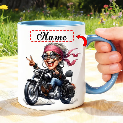 Fun "Cool Lady Biker" Cartoon Motorcycle Ceramic Coffee Mug – Female Biker & Rider Novelty Cup (M1093)