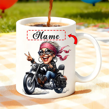 Fun "Cool Lady Biker" Cartoon Motorcycle Ceramic Coffee Mug – Female Biker & Rider Novelty Cup (M1093)