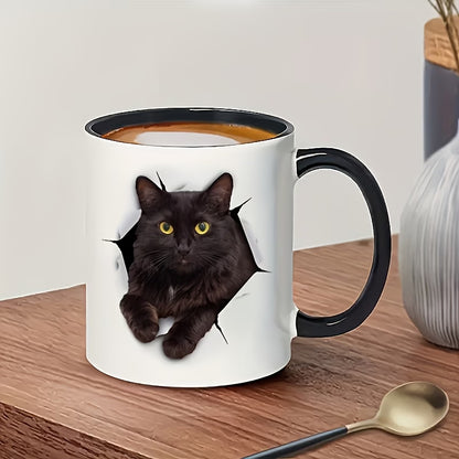 Cute "Black Cat Peeking" Ceramic Coffee Mug – 3D Illusion Kitty & Cat Lover Novelty Cup with Black Accent (M1122)