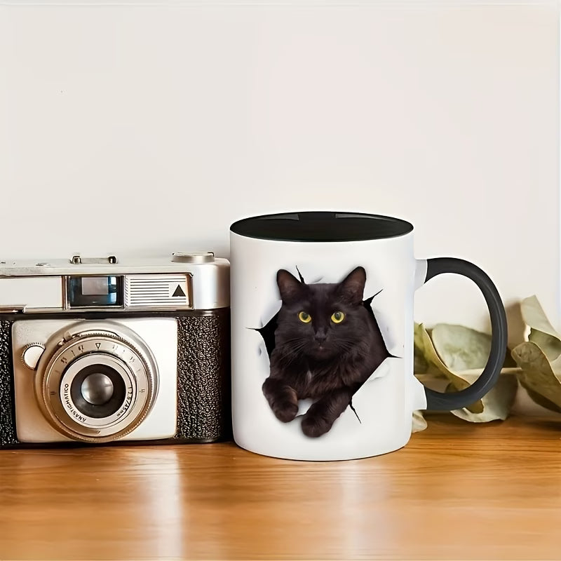 Cute "Black Cat Peeking" Ceramic Coffee Mug – 3D Illusion Kitty & Cat Lover Novelty Cup with Black Accent (M1122)