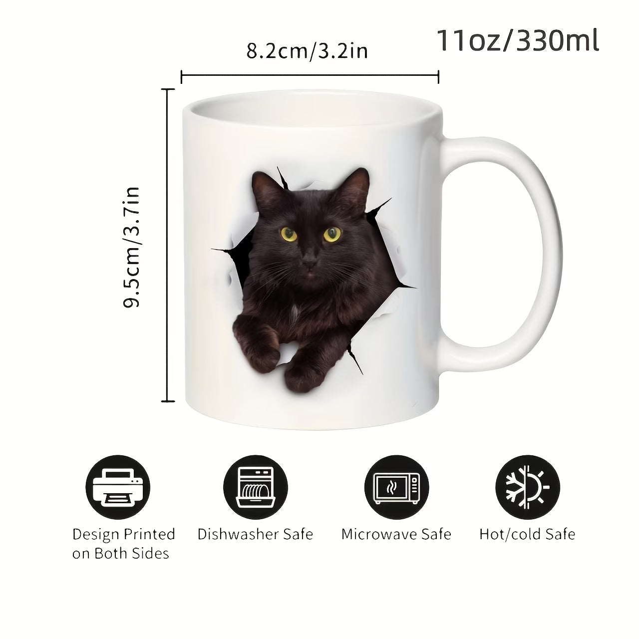 Cute "Black Cat Peeking" Ceramic Coffee Mug – 3D Illusion Kitty & Cat Lover Novelty Cup with Black Accent (M1122)