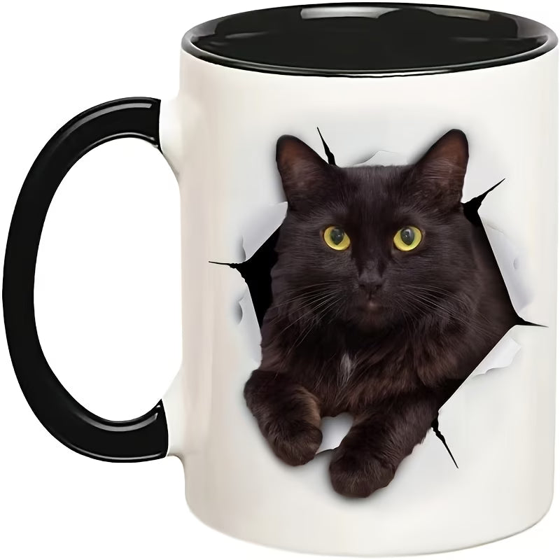 Cute "Black Cat Peeking" Ceramic Coffee Mug – 3D Illusion Kitty & Cat Lover Novelty Cup with Black Accent (M1122)