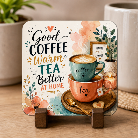 "Good Coffee Warm Tea Better At Home" Set of 2 Decorative Ceramic Square Coaster – Cozy Home Drinkware Accessory (C1001)