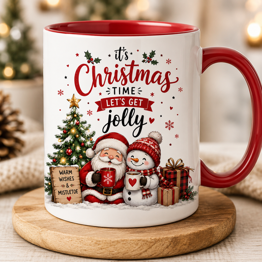 Festive "It's Christmas Time Let's Get Jolly" Santa and Snowman Ceramic Coffee Mug (M1030)