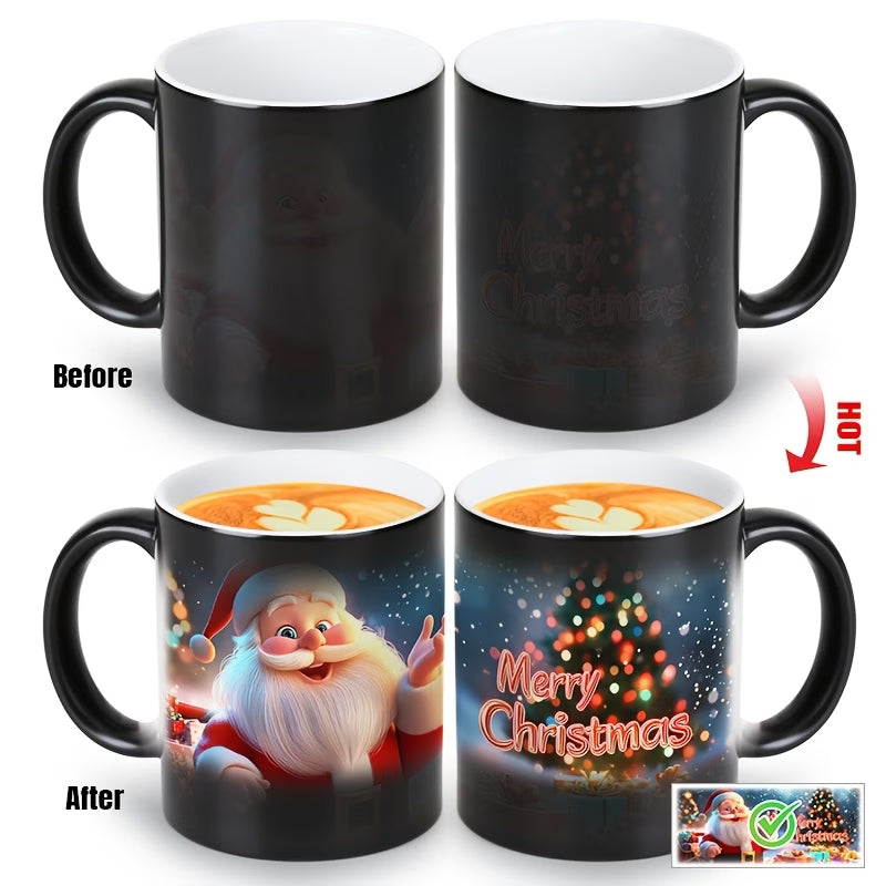 Festive "Cheerful Santa Claus" Magic Ceramic Coffee Mug – Heat-Sensitive Holiday Magic, Santa Claus Portrait & Christmas Novelty Cup with Black Finish (M1153)