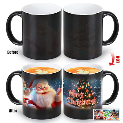 Festive "Cheerful Santa Claus" Magic Ceramic Coffee Mug – Heat-Sensitive Holiday Magic, Santa Claus Portrait & Christmas Novelty Cup with Black Finish (M1153)