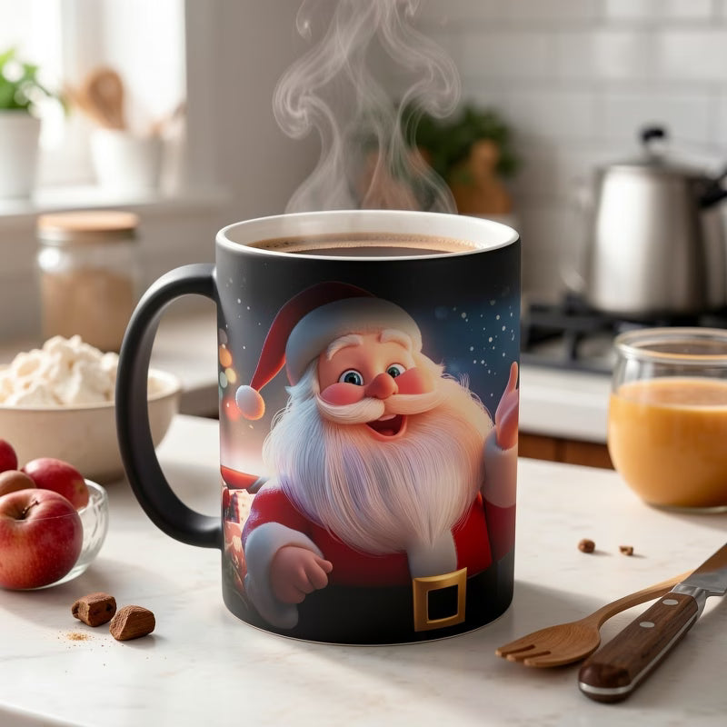 Festive "Cheerful Santa Claus" Magic Ceramic Coffee Mug – Heat-Sensitive Holiday Magic, Santa Claus Portrait & Christmas Novelty Cup with Black Finish (M1153)