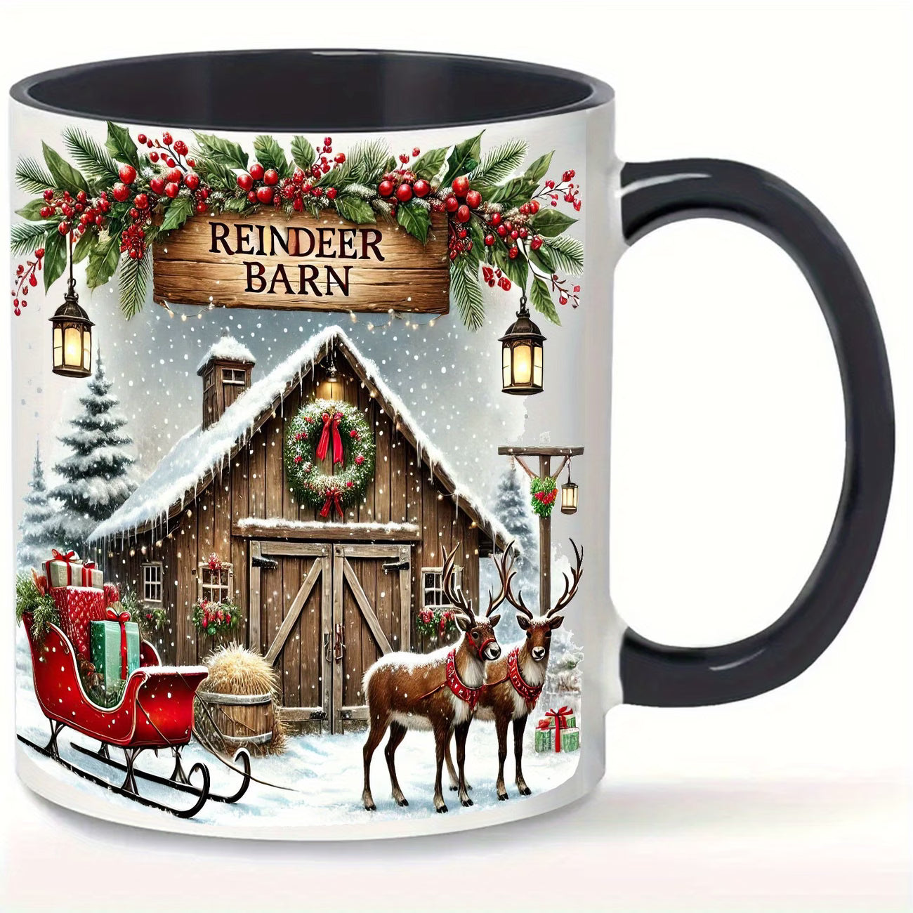 Festive "Reindeer Barn" Christmas Ceramic Coffee Mug – Winter Holiday Scene, Santa's Reindeer & Cozy Novelty Cup with Black Accent (M1147)