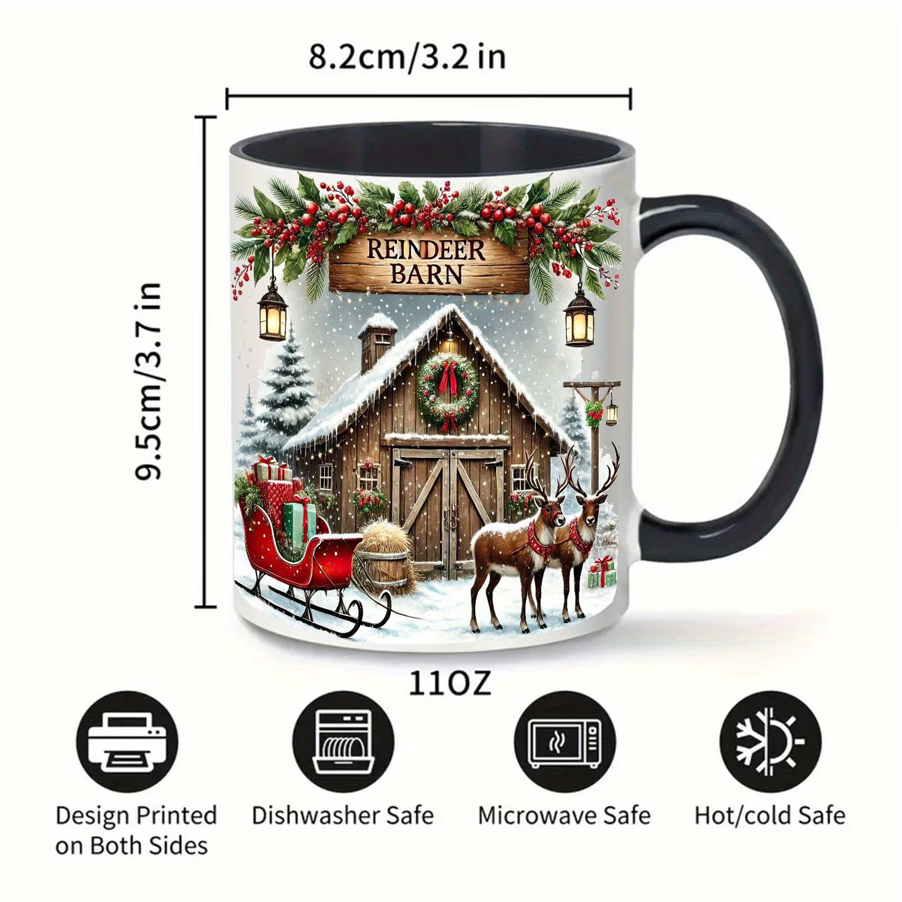 Festive "Reindeer Barn" Christmas Ceramic Coffee Mug – Winter Holiday Scene, Santa's Reindeer & Cozy Novelty Cup with Black Accent (M1147)