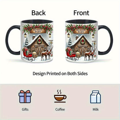 Festive "Reindeer Barn" Christmas Ceramic Coffee Mug – Winter Holiday Scene, Santa's Reindeer & Cozy Novelty Cup with Black Accent (M1147)
