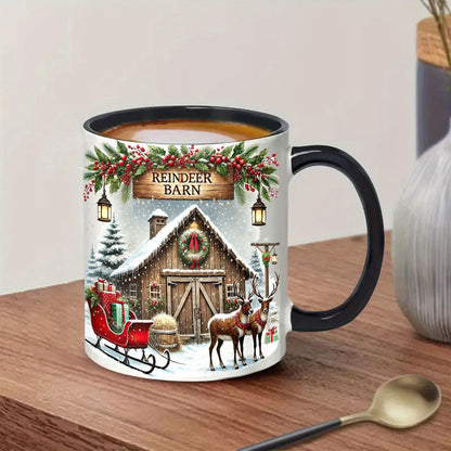 Festive "Reindeer Barn" Christmas Ceramic Coffee Mug – Winter Holiday Scene, Santa's Reindeer & Cozy Novelty Cup with Black Accent (M1147)