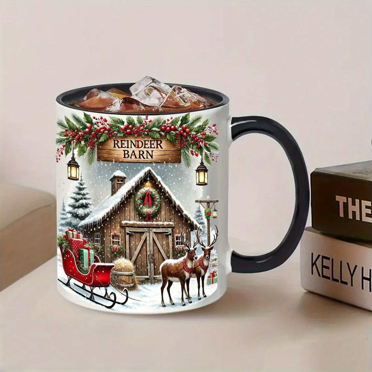 Festive "Reindeer Barn" Christmas Ceramic Coffee Mug – Winter Holiday Scene, Santa's Reindeer & Cozy Novelty Cup with Black Accent (M1147)
