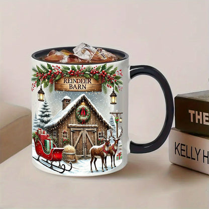 Festive "Reindeer Barn" Christmas Ceramic Coffee Mug – Winter Holiday Scene, Santa's Reindeer & Cozy Novelty Cup with Black Accent (M1147)