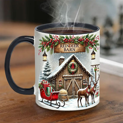 Festive "Reindeer Barn" Christmas Ceramic Coffee Mug – Winter Holiday Scene, Santa's Reindeer & Cozy Novelty Cup with Black Accent (M1147)