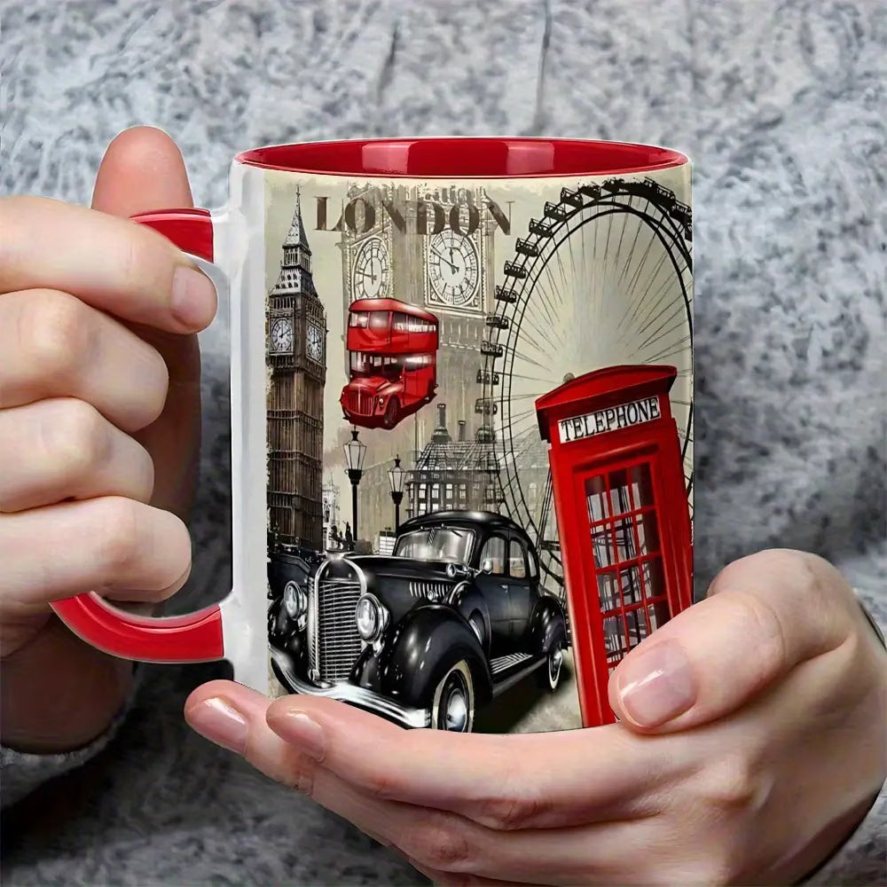 Personalized "Classic London Icons & Vintage Montage" Ceramic Coffee Mug – Red Rim & Handle, Big Ben, Red Telephone Box & British Souvenir Novelty Cup (M1192)