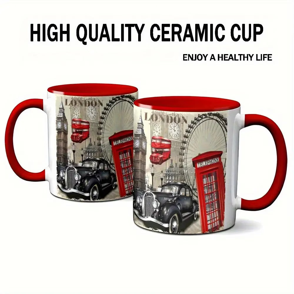 Personalized "Classic London Icons & Vintage Montage" Ceramic Coffee Mug – Red Rim & Handle, Big Ben, Red Telephone Box & British Souvenir Novelty Cup (M1192)